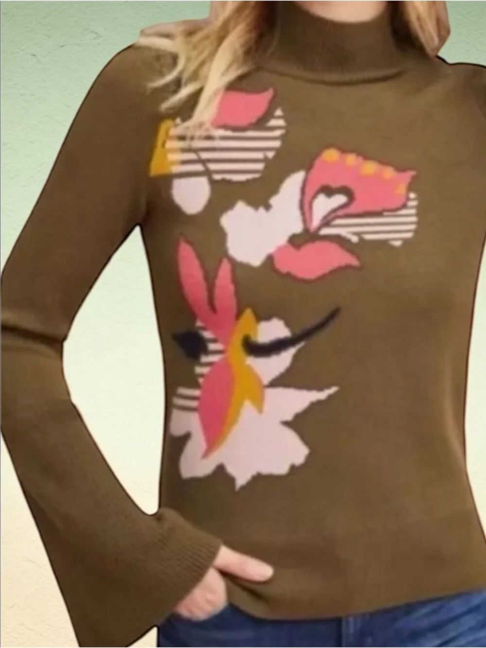 Anthropologie KNITTED & KNOTTED Lileas Bell Sleeve Mock Neck Sweater L